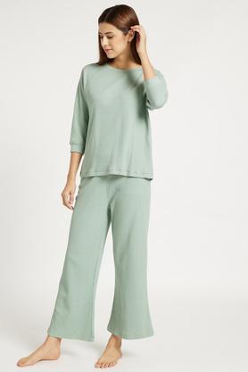 solid cotton blend knit women's top & pyjama set - sage