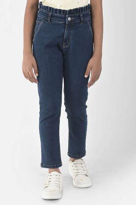 solid cotton blend loose fit girl's jeans - blue