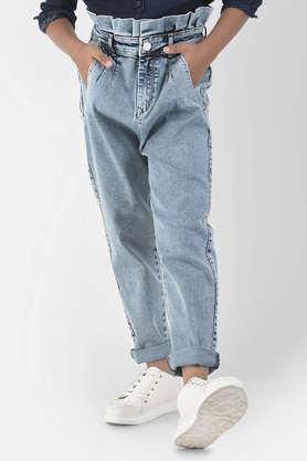 solid cotton blend loose fit girl's jeans - light blue