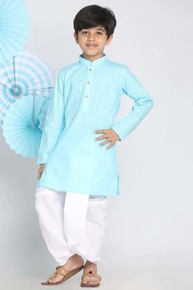 solid cotton blend mandarin boys kurta and dhoti set - blue