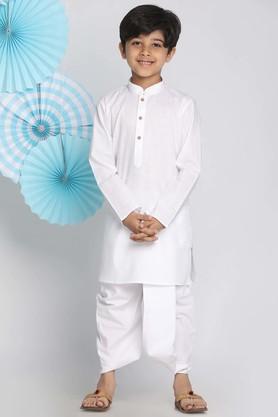 solid cotton blend mandarin boys kurta and dhoti set - white