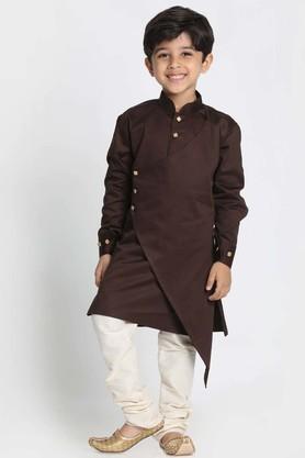 solid cotton blend mandarin boys kurta pyjama set - brown