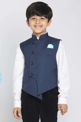 solid cotton blend mandarin boys nehru jacket - blue