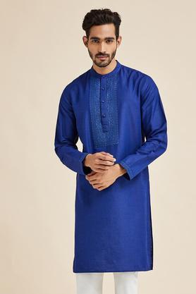 solid cotton blend mens casual wear kurta - navy