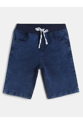 solid cotton blend regular fit boys shorts - blue