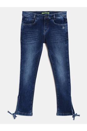 solid cotton blend regular fit girls jeans - blue