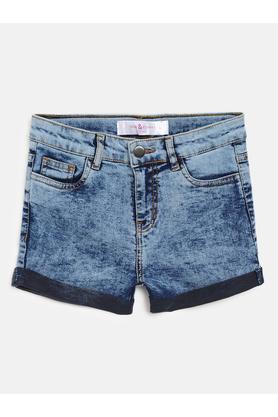 solid cotton blend regular fit girls shorts - blue