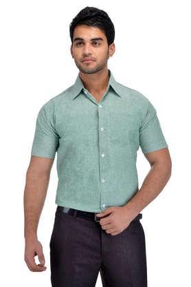 solid cotton blend regular fit men's casual shirt - green