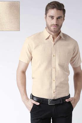 solid cotton blend regular fit men's casual shirt - natural