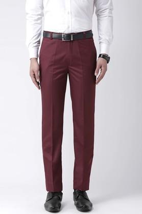 solid cotton blend regular fit men's casual trousers - maroon