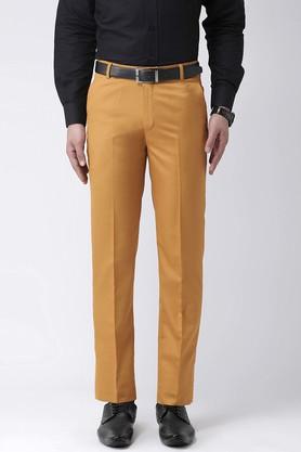 solid cotton blend regular fit men's casual trousers - mustard