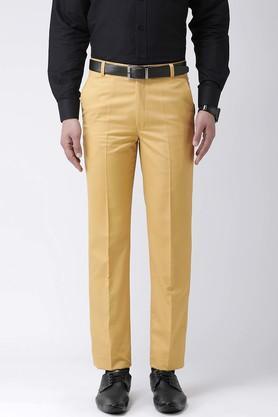 solid cotton blend regular fit men's casual trousers - yellow