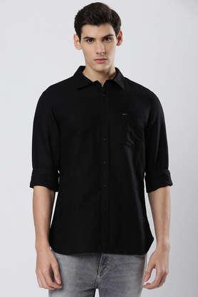 solid cotton blend regular fit men's casual wear shirt - black