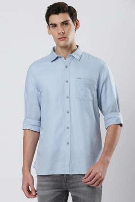 solid cotton blend regular fit men's casual wear shirt - blue