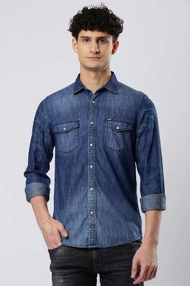 solid cotton blend regular fit men's casual wear shirt - blue