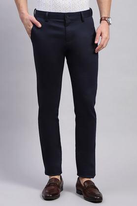 solid cotton blend regular fit men's casual wear trousers - navy
