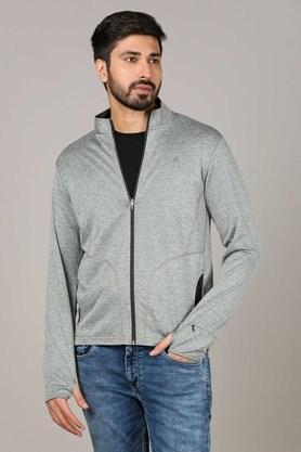 solid cotton blend regular fit men's open sweatshirt - grey