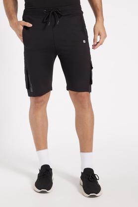 solid cotton blend regular fit men's shorts - black