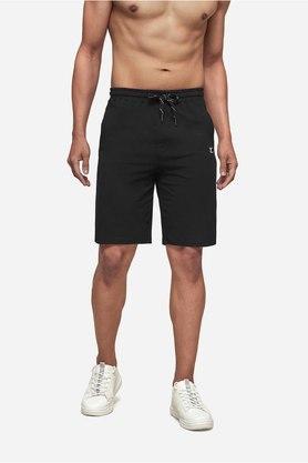 solid cotton blend regular fit men's shorts - black