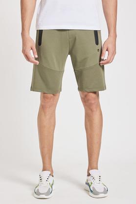 solid cotton blend regular fit men's shorts - light olive