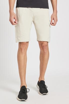 solid cotton blend regular fit men's shorts - natural