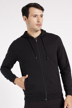 solid cotton blend regular fit men's sweatshirts - black