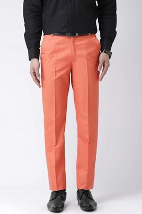 solid cotton blend regular fit mens casual trousers - peach