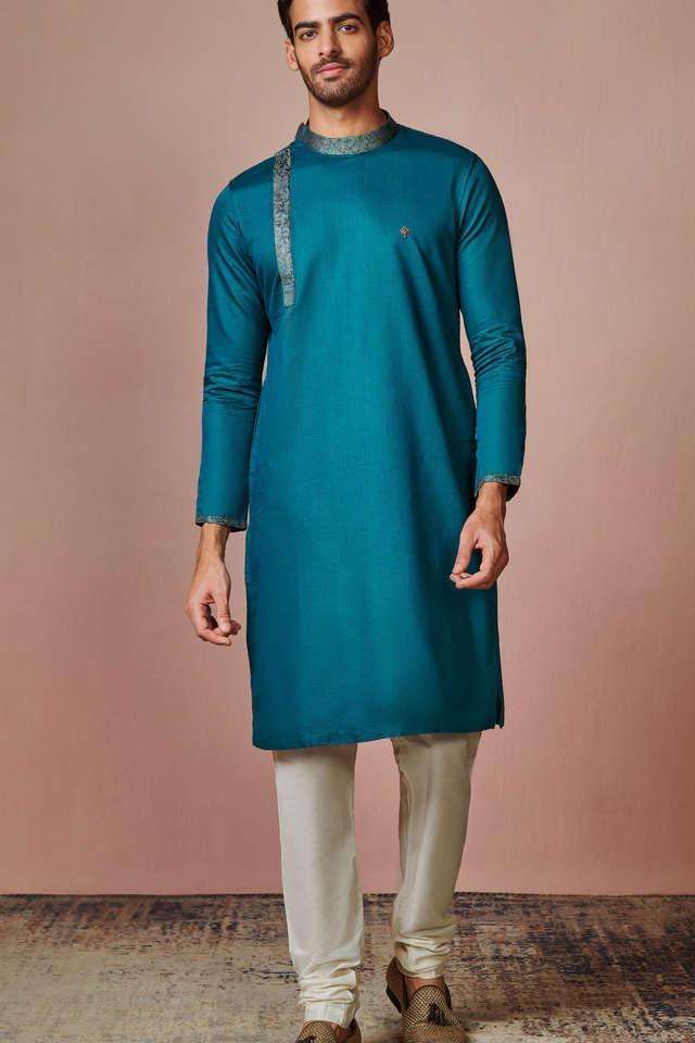 solid cotton blend regular fit mens kurta