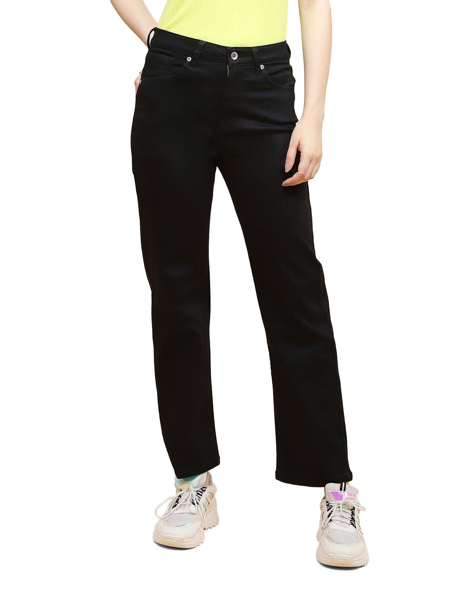 solid cotton blend regular fit trouser for women black