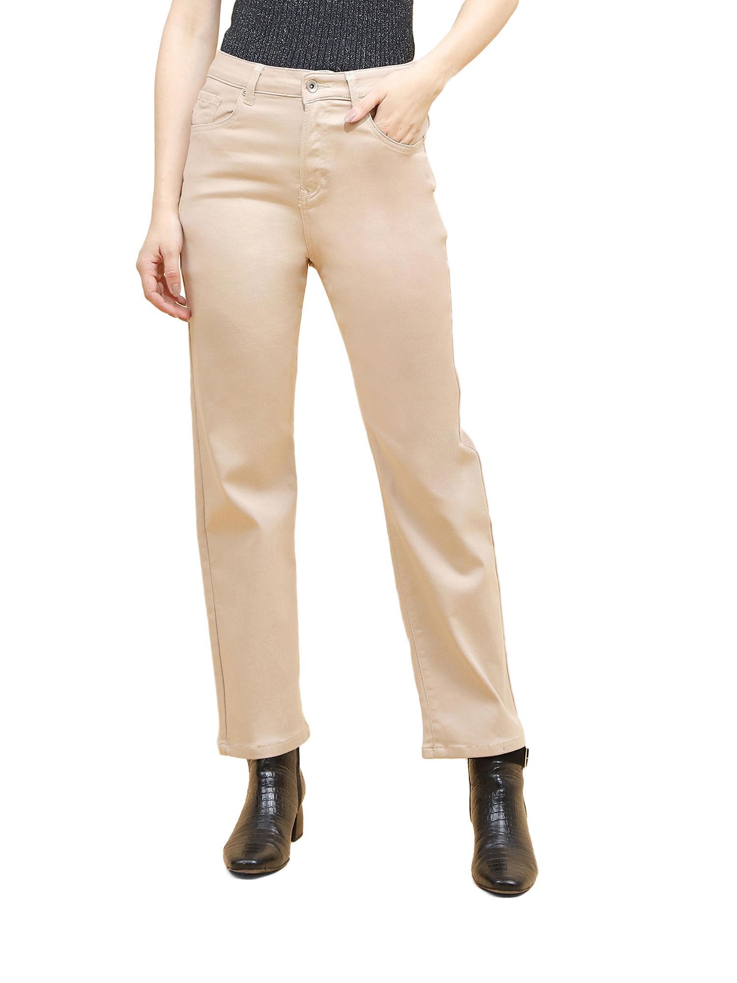 solid cotton blend regular fit trouser for women fawn