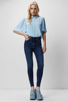 solid cotton blend regular fit women's jeans - dark blue