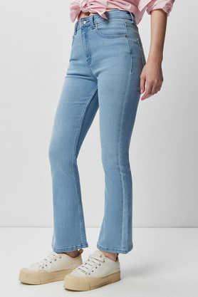 solid cotton blend regular fit women's jeans - light blue