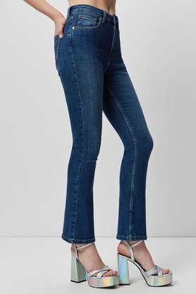 solid cotton blend regular fit women's jeans - mid blue