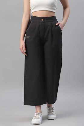 solid cotton blend regular fit women's pants - black