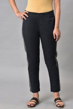 solid cotton blend regular fit women's pants - black