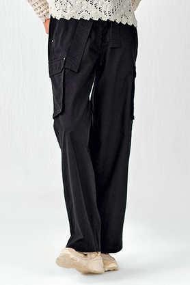 solid cotton blend regular fit women's pants - black