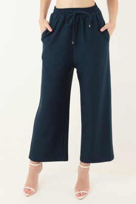 solid cotton blend regular fit women's pants - blue