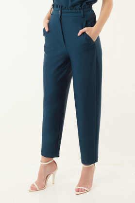 solid cotton blend regular fit women's pants - blue