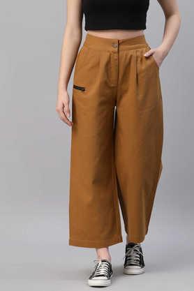 solid cotton blend regular fit women's pants - brown