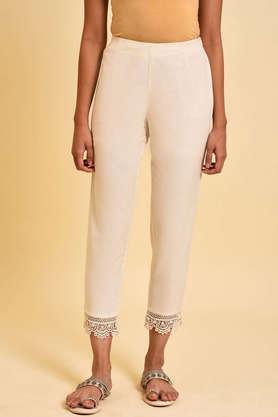 solid cotton blend regular fit women's pants - ecru