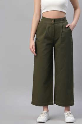 solid cotton blend regular fit women's pants - olive