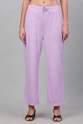 solid cotton blend regular fit women's pants - purple