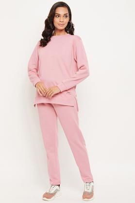 solid cotton blend regular fit women's tracksuit - pink