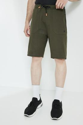 solid cotton blend regular men's active wear shorts - olive