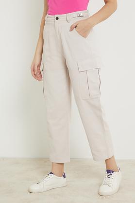 solid cotton blend relaxed fit women's pants - cream