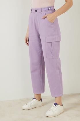 solid cotton blend relaxed fit women's pants - lilac