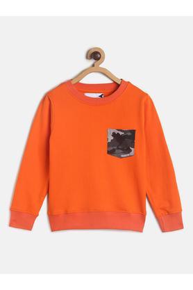 solid cotton blend round neck boys sweatshirt - orange