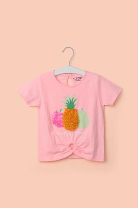 solid cotton blend round neck girl's top - peach