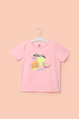 solid cotton blend round neck girl's top - peach