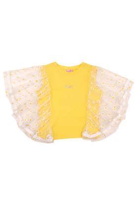 solid cotton blend round neck girl's top - yellow